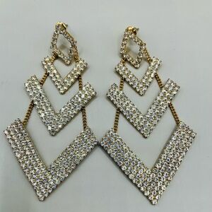 Stacked rhinestone chevron earrings. Gold tone.